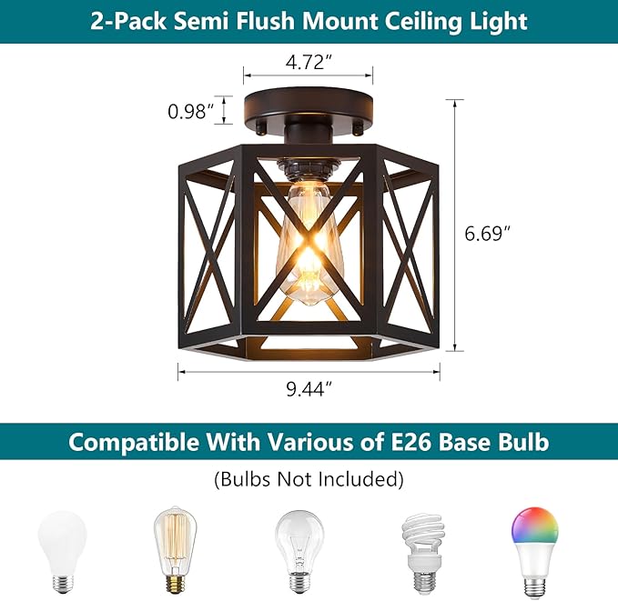 XSDeTu 2 Pack Farmhouse Semi Flush Mount Ceiling Light, Industrial Black Hallway Light Fixture, Small Metal Cage Close to Ceiling Lights for Kitchen Sink Porch Bedroom