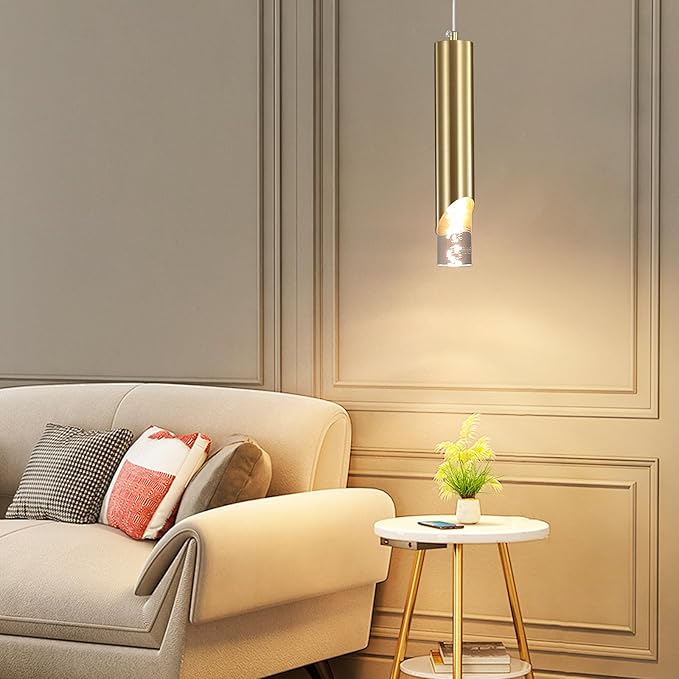 Modern Gold Pendant Light Fixture, Acrylic Bubble Cylinder Hanging Lights, 3 Color 2700K/4500K/6500K, Minimalist Ceiling Chandelier Lighting for Dining Room, Bedroom, Hallway, Bar, Kitchen Island
