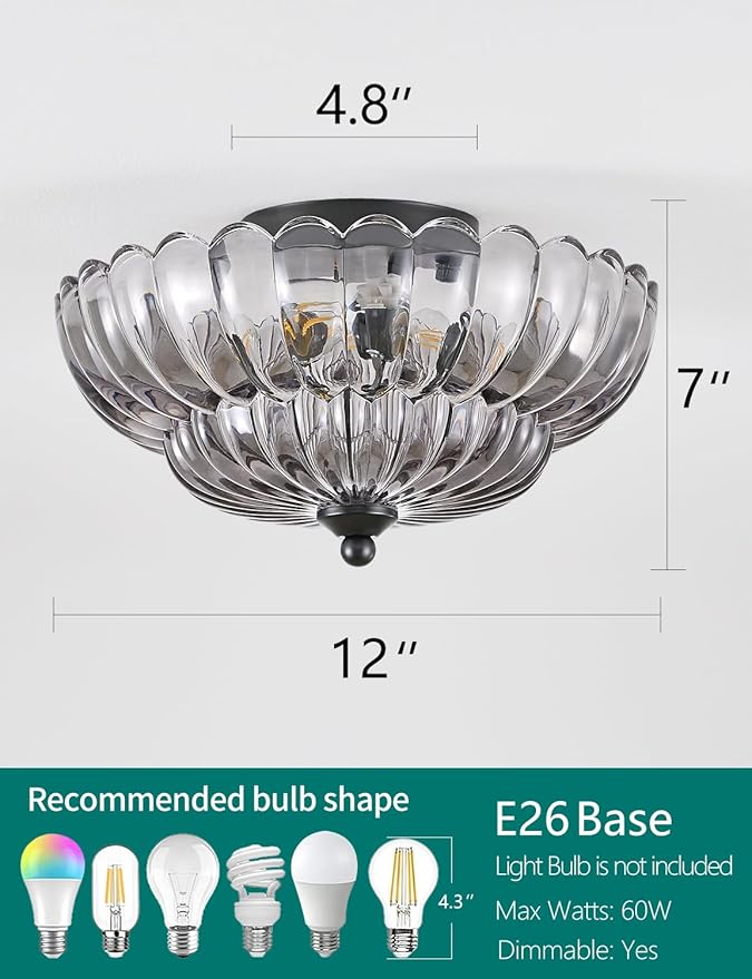 Semi Flush Mount Ceiling Light, Smoky Gray Glass Ceiling Light Fixture, 3-Bulb Modern Black Close to Ceiling Light, Vintage Glass Ceiling Lights for Bedroom Kitchen Living Room, Bulb Not Included