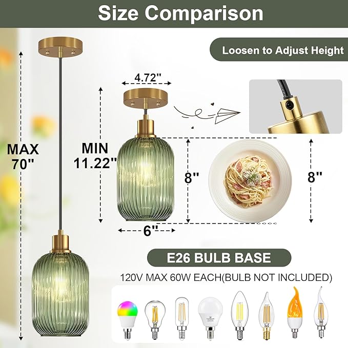 1 Pack Pendant Lights with Vintage Green Ribbed Glass Lampshade, Adjustable Brushed Gold Pendant Lights Fixtures for Kitchen Island Lighting Sink, Dining & Living Room Hallway (Bulbs Not Included)