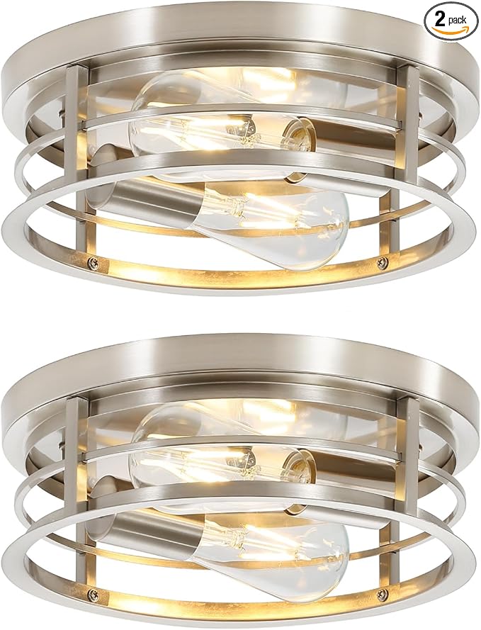 2-Light Round Flush Mount Ceiling Light, Farmhouse Brushed Nickel Metal Cage Close to Ceiling Light Fixture, 11inch E26 Base Semi Ceiling Mount Lamp, Modern Pendant Lighting for Porch 2 Pack