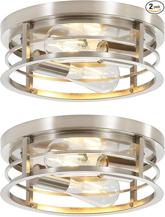2-Light Round Flush Mount Ceiling Light, Farmhouse Brushed Nickel Metal Cage Close to Ceiling Light Fixture, 11inch E26 Base Semi Ceiling Mount Lamp, Modern Pendant Lighting for Porch 2 Pack