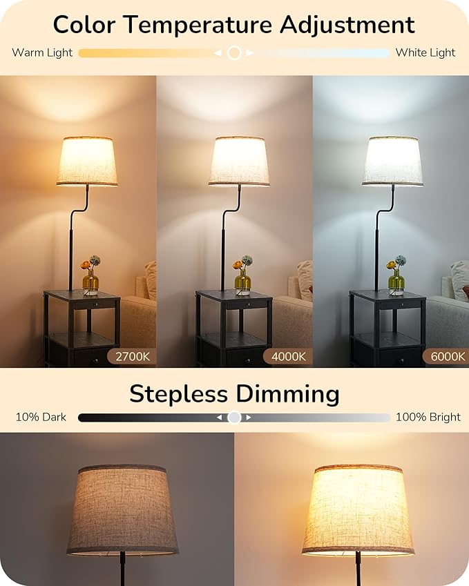 EDISHINE Floor Lamp with Table, USB-A+Type-C Port, Dimmable Bedside Floor Lamp with Shelves, Farmhouse Remote Nightstand Light for Living Room, Bedroom, Den, Office, Kids Room, Bulb Included, Black