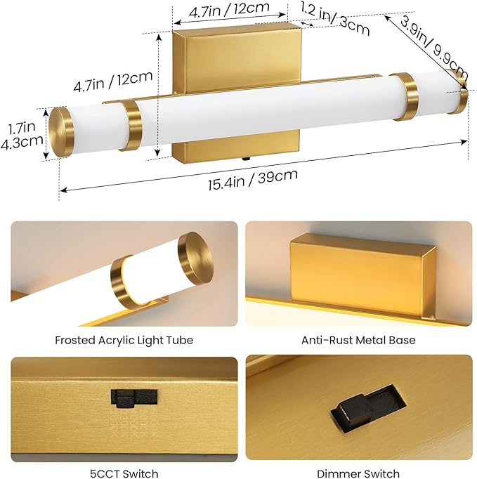 Gold Bathroom Vanity Light - 15.4 Inch LED Modern Bathroom Light Fixtures Over Mirror with Acrylic Shade 10W Dimmable 5CCT Bathroom Sconces Wall Lighting (Built-in Dimmer)