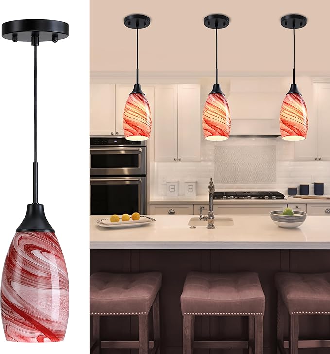 Viinew Mini Glass Pendant Light,3-Pack Handblown Burgundy Marble Art Glass Hanging Light 4.72" Oval Ceiling Hanging Light Fixture for Dining Room Kitchen Island Cafe Foyer Hallway