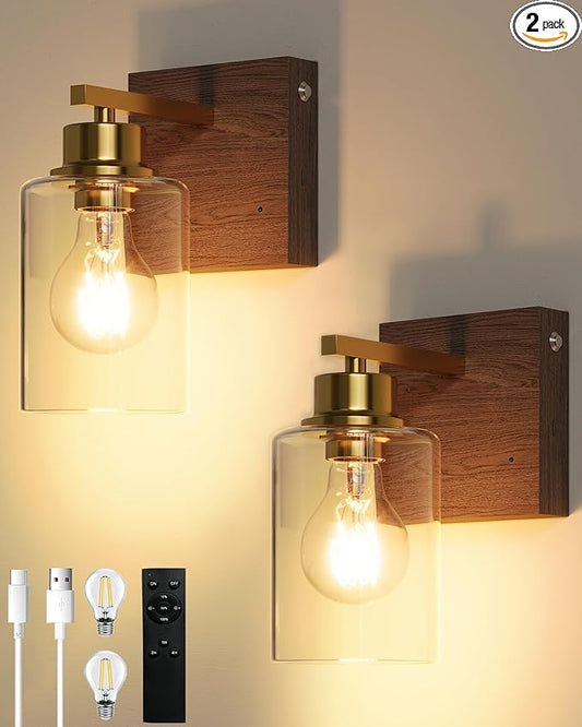 Rechargeable Wall Sconce, Gold & Walnut Battery Operated Wall Sconce Set of 2 with Timer Function, Easy Install Dimmable Wireless Wall Lamps for Living Room, Bedroom, Hallway, Entryway Decor 3000K