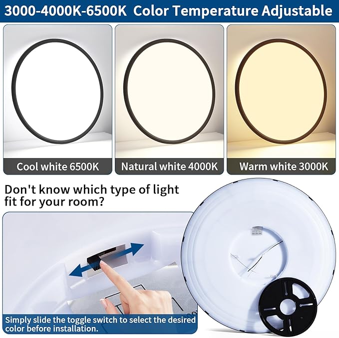 24 inch Modern Led Big Ceiling Light, Ultra Thin Flush Mount, 50W 5000LM, Dimmable, 3000K/4000K/6500K Selectable, Black, Perfect for Bedroom, Kitchen, Dining Room, Living Room, Home Office, Hallway