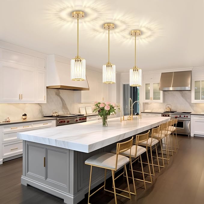 3 Pack Brushed Brass Pendant Lights Kitchen Island, Modern Crystal Pendant Lighting Over Island Kitchen Hanging Light Fixtures Adjustable Pendant Light for Dining Room Bathroom Entryway Hallway Foyer