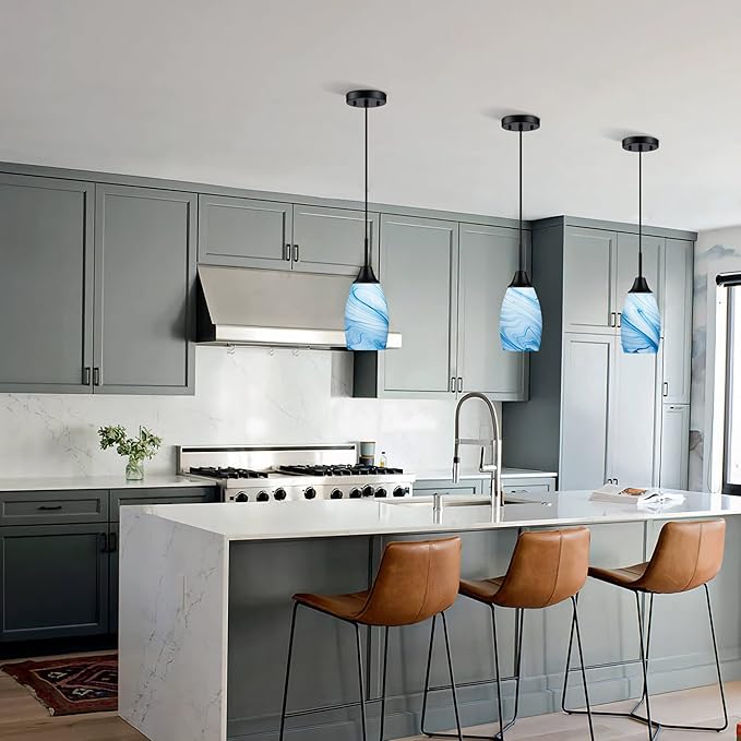 Viinew Mini Glass Pendant Light 4.72" with Handblown Blue Marble Art Glass Hanging Light 3-Pack Oval Ceiling Hanging Light Fixture for Dining Room Kitchen Island Cafe Foyer Hallway