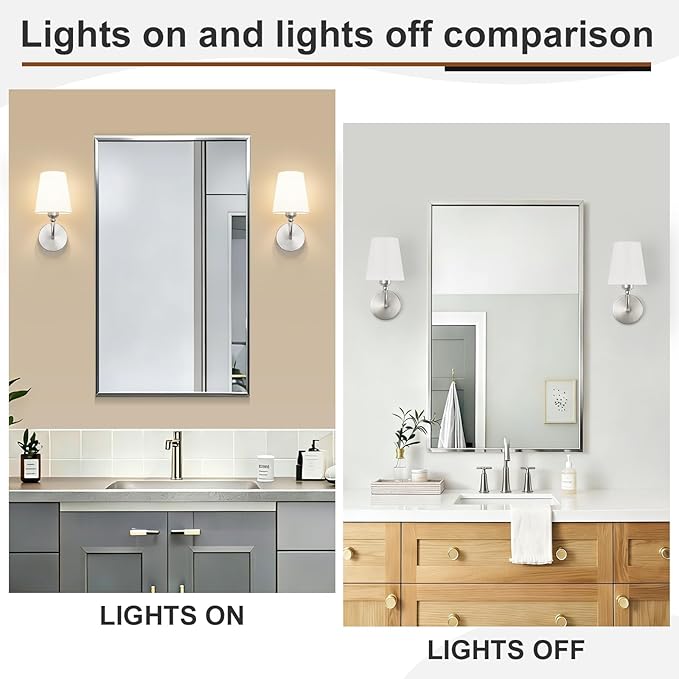 Modern Bathroom Vanity Light, Brushed Nickel Bathroom Light Fixtures, Set of 2 Lighting Fixtures Over Mirror, Modern Wall Sconce with Flared White Fabric Shade, E26 Socket(ETL Listed)