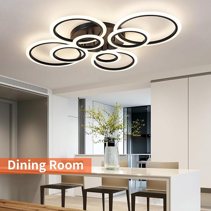 Shine LUEST Modern Ceiling Light, 41.3'' Dimmable LED Black Flush Mount Ceiling Lights with Remote Acrylic Round Ceiling Lamp Fixture for Low Ceiling Bedroom Living Room Dining Room, 108W