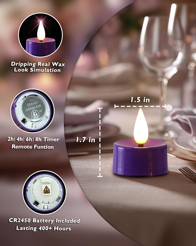 Amagic Flameless Purple Timer Remote Tealights Candles, 3D Black Wick Flickering Tea Light, 300+Hour Colored Votive Candles Battery Operated, Set of 24 for Party, Wedding Table, Halloween, Mardi Gras