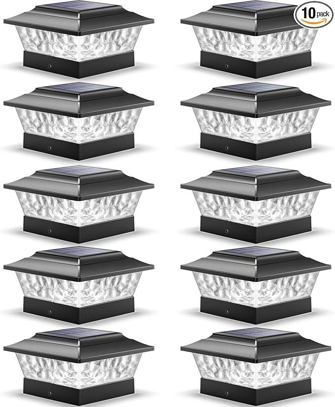 SIEDiNLAR Solar Post Lights Outdoor 12 LEDs 4 Modes Post Cap Light for 4x4 5x5 6x6 Wooden Vinyl Fence Deck Posts Patio Garden Decor, Warm/Cool White Dynamic Lighting (10 Pack, Black)