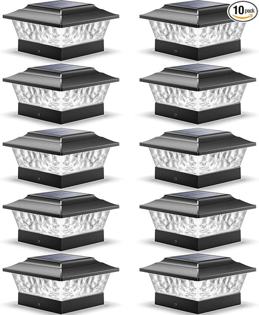 SIEDiNLAR Solar Post Lights Outdoor 12 LEDs 4 Modes Post Cap Light for 4x4 5x5 6x6 Wooden Vinyl Fence Deck Posts Patio Garden Decor, Warm/Cool White Dynamic Lighting (10 Pack, Black)