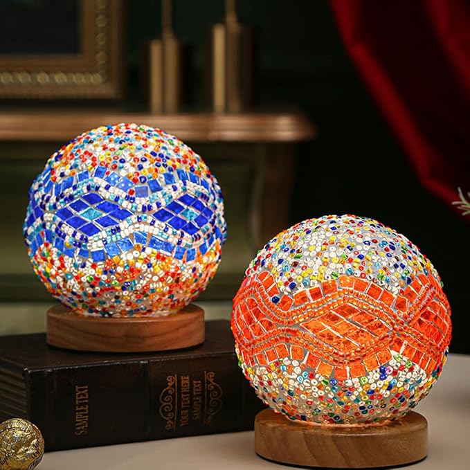 Turkish Table lamp (D:4.7" x H:5.2"),Mosaic Glass Lamps with Wooden Base, Bohemian Tiffany Bedside Lamps, USB Power Moroccan Lantern for Living Room Halloween Decorations (Baroque - Blue, Baroque)