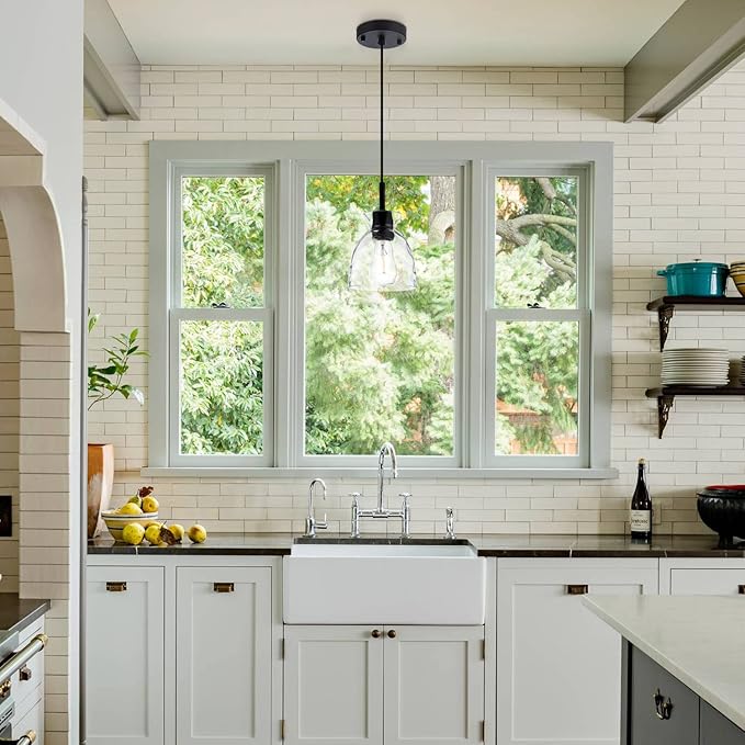 Pendant Light Over Sink with Industrial Hammered Glass Farmhouse Hanging Ceiling Light Adjustable Cord for Kitchen Island Dining Table
