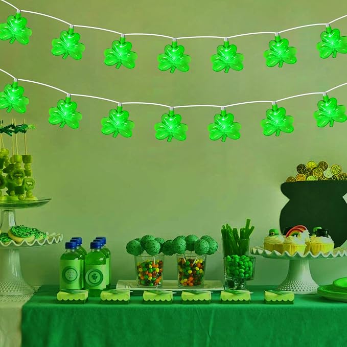 PASUTO 8.5FT Clear Green Shamrock Lights, St Patricks String Lights Outdoor Waterproof with 10 LED Light for rish Shamrock St Patrick's Day Party Indoor Home Garden Decorations