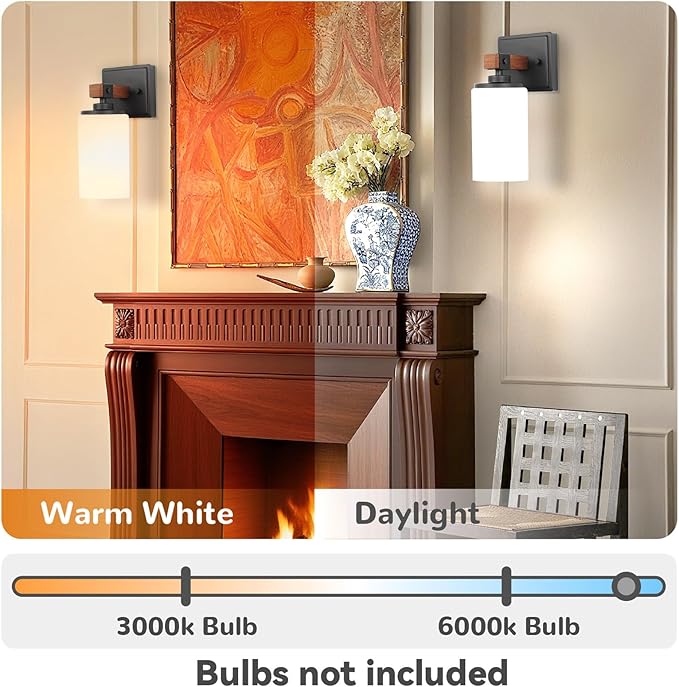 Wall Sconces Set of 2, 1 Light Farmhouse Rustic Vanity Light for Bathroom, Wood Grain Rustic Wall Lights Fixtures with White Shade for Mirror, Bedroom, Living Room, E26, Hardwired(Bulbs Not Included)