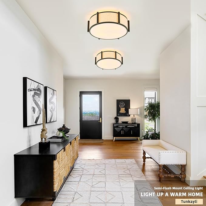 18" Semi Flush Mount Ceiling Light Modern 3-Lights Black Drum Ceiling Light Fixture with Fabric Linen Shade, Vintage Modern Ceiling Lighting for Laundry Room, Kitchen, Basement, Bedroom