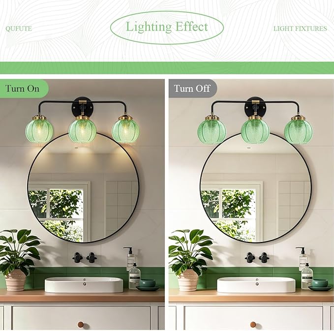 Bathroom Light Fixtures Vanity Wall 3-Light Coastal Vanity Lights Emerald Green Vintage Wall Lamp with Glass Globe Shade Modern Glass Wall Vanity Lighting for Mirror Kitchen Cabinet