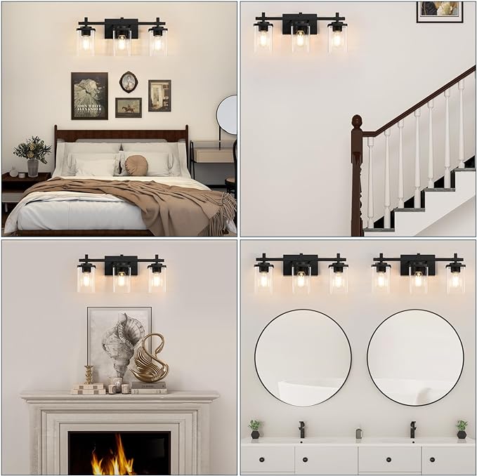 3-Lights Bathroom Vanity Light Fixtures, Modern Black Vanity Lights Over Mirror with Clear Glass Shade for Bathroom, Wall Mounted Lamp for Bedroom Hallway Living Room