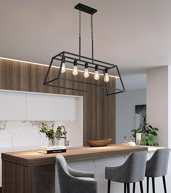 Black 5-Light Farmhouse Kitchen Island Lighting, Modern Industrial Linear Rectangle Chandelier Pendant Light Fixtures, Metal Vintage Cage Chandelier for Dining Room Kitchen Bar Foyer, E26 Base