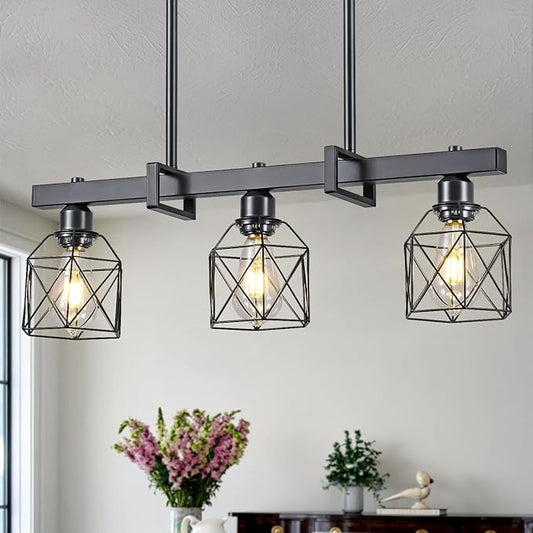 3-Light Vintage Industrial Pendant Light Over Table, Adjustable Hanging Light with Matte Black Metal Frame, E26 Base Modern Rustic Chandelier for Kitchen Island