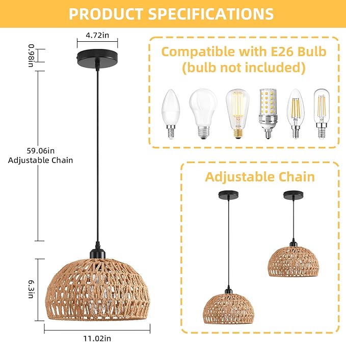 Rattan Pendant Light, Boho Dome Dining Room Chandelier, Brown Woven Kitchen Pendant Lighting over Island, Coastal Wicker Light Pendant Hanging Light Fixture for Nursery Entryway Bedroom, E26 Base