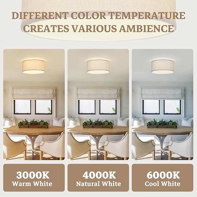 13 Inch Flush Mount Ceiling Light with Burlap Linen Drum Shade, Semi Flush Mount Ceiling Fixture, 3-Light Drum Light Fixture,Rustic Farmhouse Style for Bedroom, Living Room, Hallway, Entryway