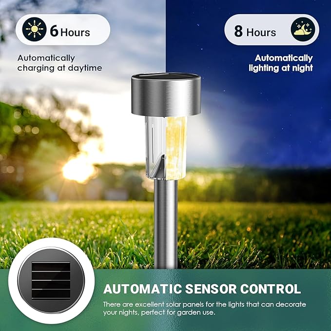 GIGALUMI 16 Pack Solar Lights Outdoor Waterproof,Stainless Steel LED Solar Garden Lights, Solar Pathway Lights Outdoor, Outdoor Solar Lights for Yard, Patio, Lawn and Landscape(Warm White)