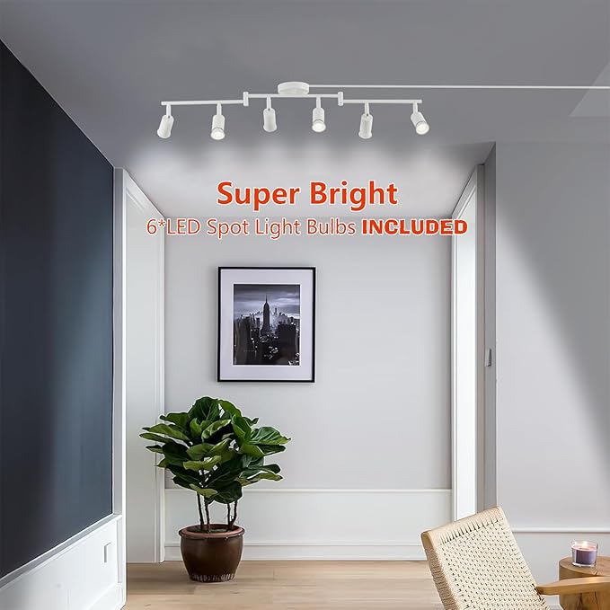 Dimmable 6 Light White Plug in Track Light White Plug in Ceiling Lighting Fixture with 16.4' Long Cord,6 Way Ceiling Spotlight,Rotatable Wall Mount Light Head,LED dimmable Spot Bulbs Included