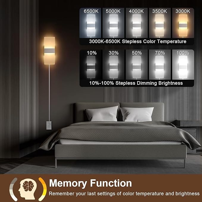 GOODATE Plug in Wall Sconces with Stepless Adjustable 3000K-6500K Colors and 10%-100% Brightness, Sconces Wall Lighting with Remote Control 12W Acrylic LED Wall Lamp with 6FT Plug in Cord, 1 Pack
