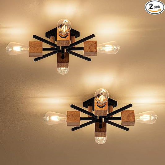 4 Light Sputnik Light Fixture Black Flush Mount Lights Industrial Ceiling Light Wood 22" Modern Farmhouse Ceiling Lights for Kitchen Bedroom Bathroom Foyer Hallway(E26,2Pack)