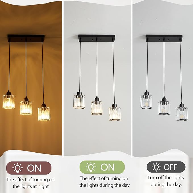 3 Light Pendant Lighting for Kitchen Island, Black Hanging Light Fixture for Ceiling, Farmhouse Dining Room Lights for Bedroom, Hallway, Modern Glass Chandelier, E26 Base, Bulbs Not Included