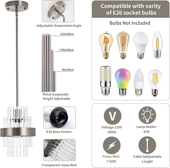 Pendant Light Fixtures, 7inch Modern Glass Pendant Lighting, Brushed Nickel Kitchen Island Pendant Lights, Height Adjustable Pendant Lighting (Brushed Nickel, 1 Pack)