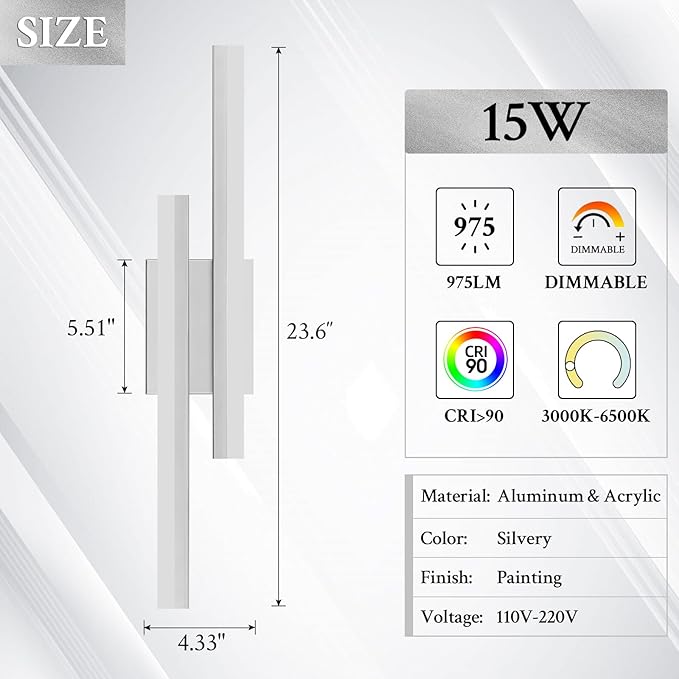 LED Wall Sconce Silver Modern Remote Wall Light Fixtures for Living Room, Dimmable LED Vanity Light Indoor Remote Wall Sconce for Bedside Bedroom Bathroom Dining Room, 23.6inch 1 Pack