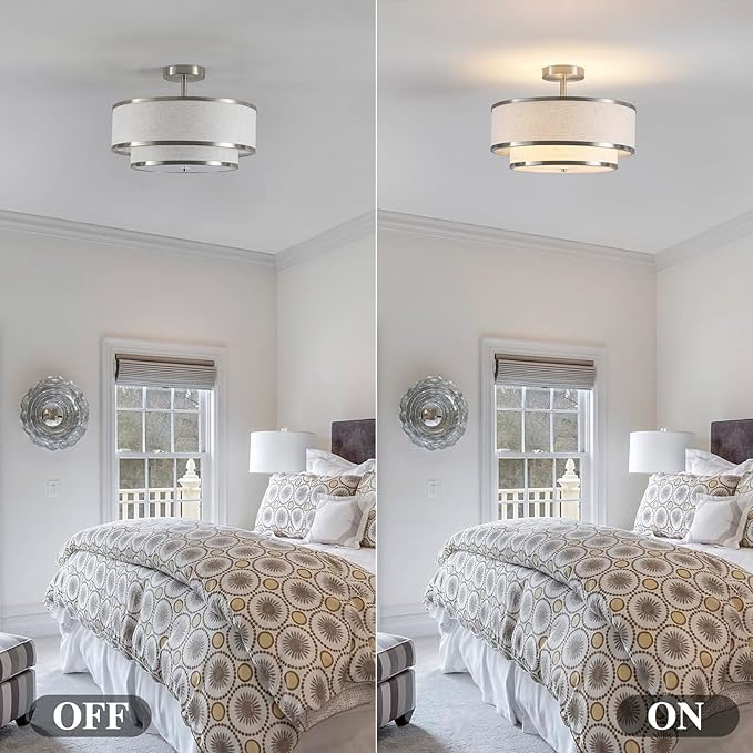 Semi Flush Mount Ceiling Light, 3-Light Double Drum Ceiling Light Fixture with Fabric Shade, Farmhouse Chandelier Dining Room Light Fixture for Bedroom, Kitchen, Hallway (Brushed Nickel)