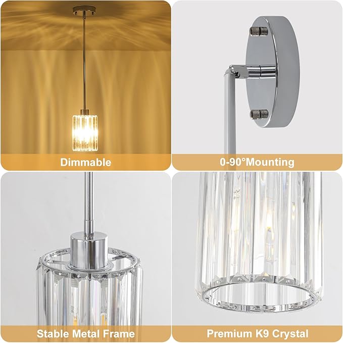 Chrome Pendant Lights, 2 Pack Modern Crystal Hanging Pendant Light Fixtures, Mini Crystal Island Lights for Kitchen Island, Dining Room, Hallway, Foyer, Entryways