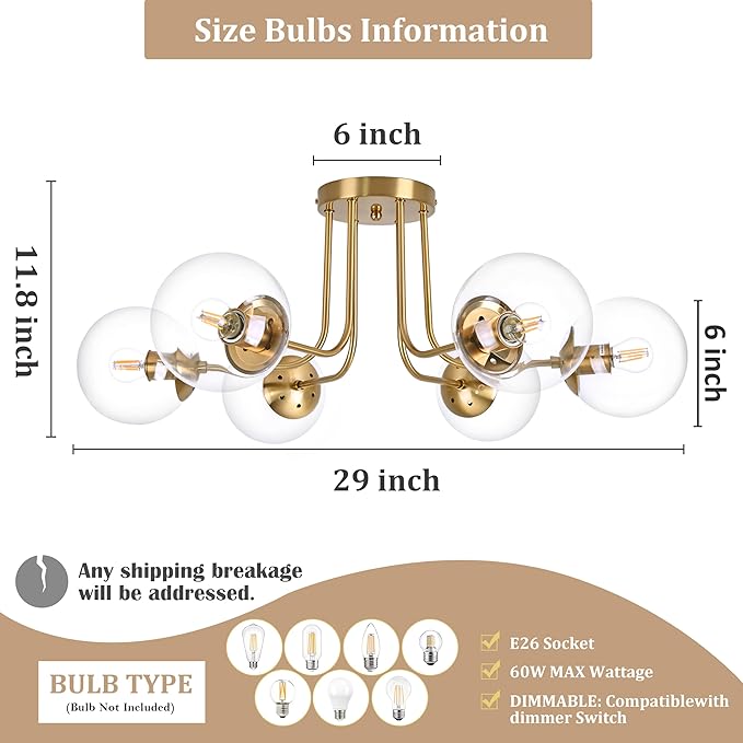 KoKo&Yukina 6-Light Mid Century Ceiling Light Modern Semi Flush Mount Ceiling Light Fixture Globe Ceiling Light with Clear Glass Shade Brushed Brass Finish for Bedroom Hallway Dining Room Living Room