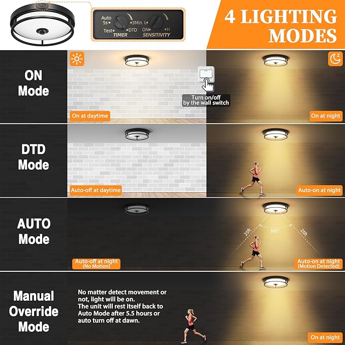 Motion Sensor Outdoor Ceiling Light, 12" Flush Mount LED Dusk to Dawn Porch Lights, Black Ceiling Lamp for Entryway, Garage, Hallway, 2 Pack