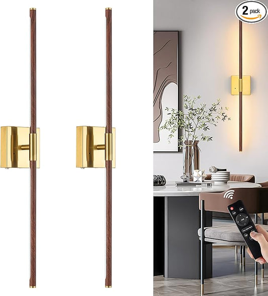 Morauroral Walnut Battery Operated Wall Sconce with Remote Control, Rechargeable Wall Sconces Set of 2, LED Wireless Wall Light, 24″ Modern Sconce Wall Decor for Background Wall, Bedroom, Living Room
