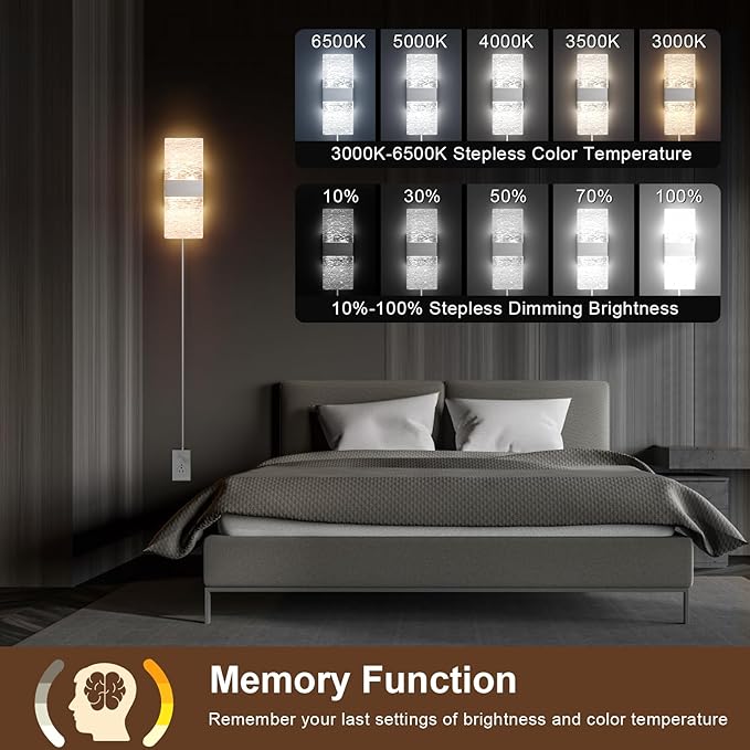 GOODATE Plug in Wall Sconces with Adjustable 3000K-6500K Colors & 10%-100% Brightness, Sconces Wall Decor Set of 2 with Remote Control, 12W Acrylic LED Plug in Wall Light (1 Pack, Corrugated Finish)