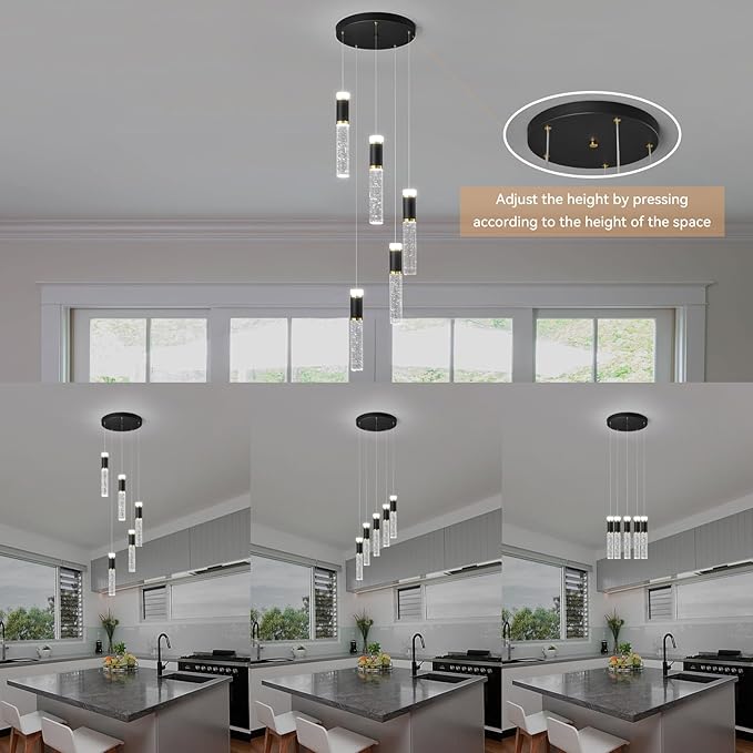 5-Light Pendant Lights, Modern Black Gold Pendant Light Fixtures with Bubble Crystal, Dimmable LED, Kitchen Island & Dining Room