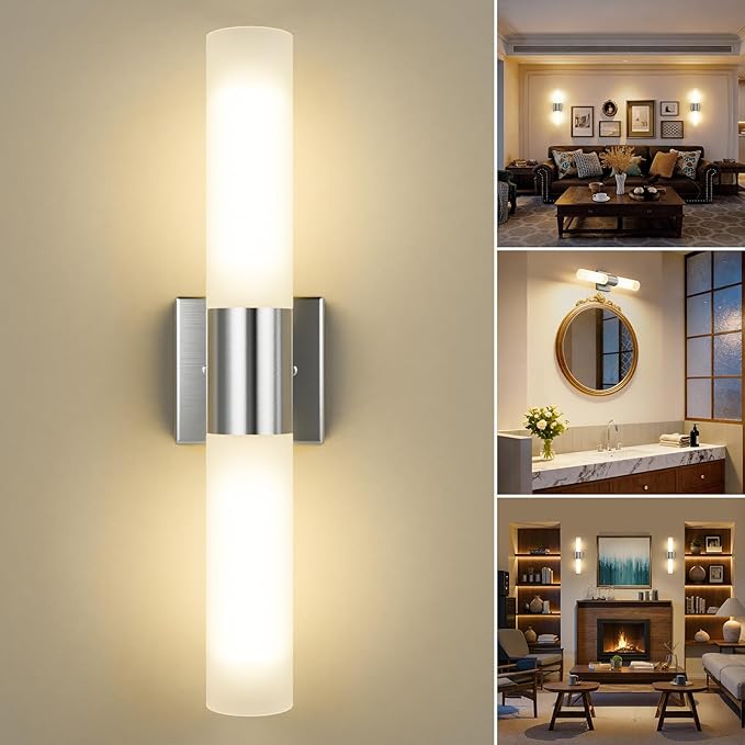 Kalium Bathroom Wall Sconce Fixture, 21 Inch Modern Vanity Lights with Frosted Glass Shade, Indoor Sconces Lighting Wall Decor Lamps for Bathrooms Living Room Stairs Bedroom (Silver)