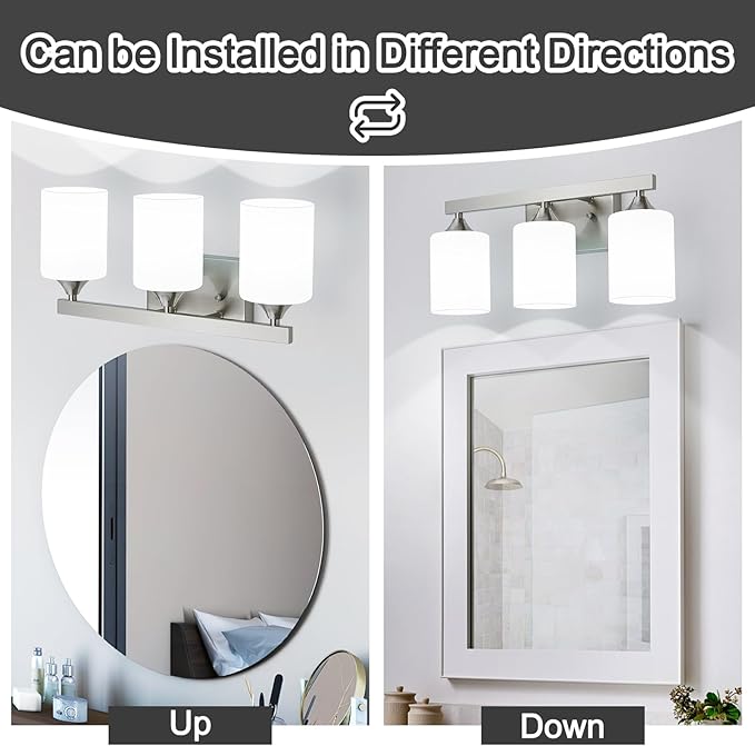 ZHU YAN Brushed Nickel Vanity Light,3 Light Bathroom Lighting Fixtures Over Mirror,Milky White Glass Shades Wall Sconces,Vanity Lights Fixtures for Mirror Bedroom Hallway E26 Socket