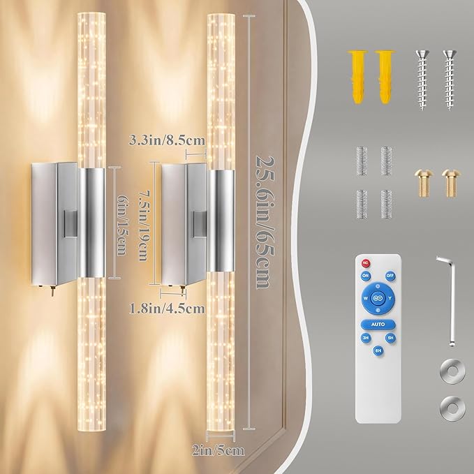 camuucci Battery Operated Wall Sconces Set of 2 Rechargeable Battery Powered Wall Light with 12000mAh Not Hardwired Dimmable Wall Lamp Fixtures for Bedroom Living Room Silver 25.6 Inches