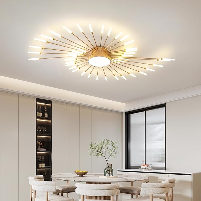 ziidoo Modern Ceiling Light, 42+1 Lights Metal Firework Designed Chic Led Lighting Fixture for Farmhouse Kitchen Dining Room Bedroom Hallway Living Room (Gold and Dark Gold)