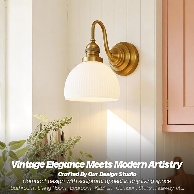 Gold Wall Sconces,Hardwire Bathroom Vanity Light with Striped Bowl Milk Glass Vintage Brass Wall Mounted Lamp Lights for Bathroom Mirror Living Room Bedroom Kitchen E26 Indoor