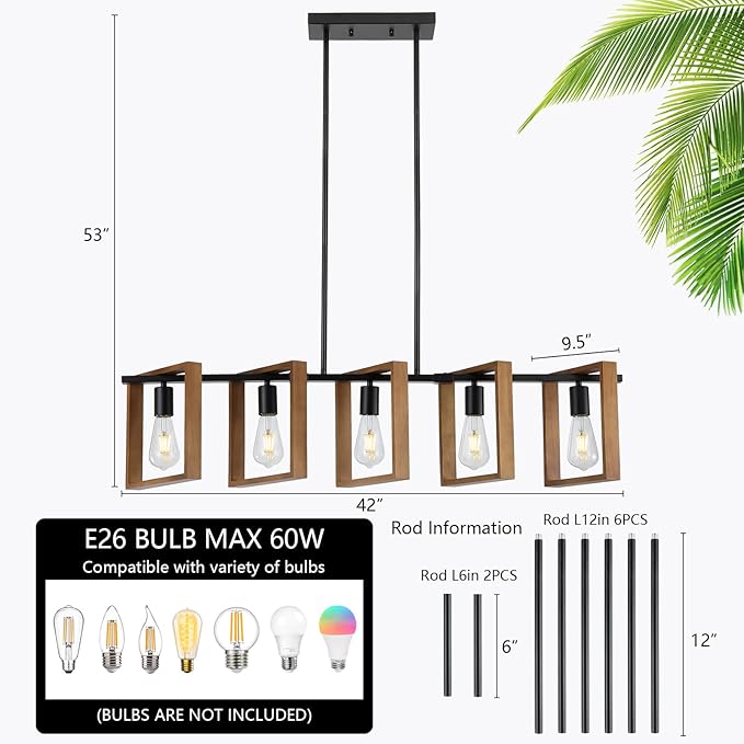 9MMML 41.5" Kitchen Island Lighting,5 Lights Dining Room Light Fixtures, Rustic Farmhouse Height Adjustable Wood Chandeliers for Kitchen, Pool Table Lights, Black Body+Wood Frame,E26.