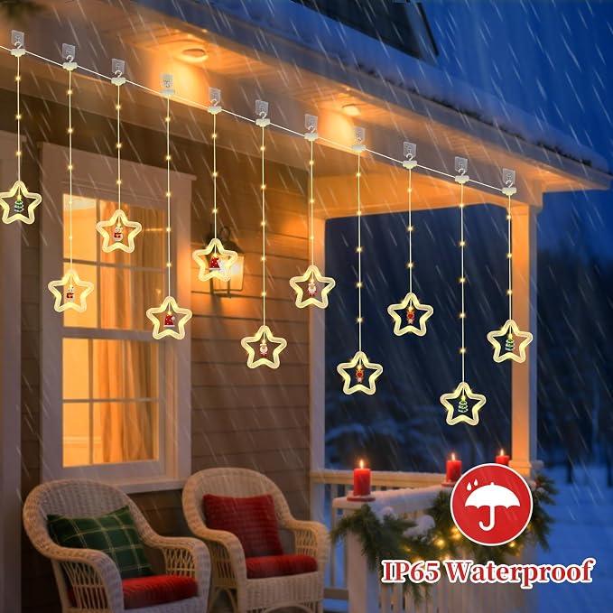 Christmas Star Curtain Lights, Christmas Window Lights Decor with Remote,8 Lighting Modes, IP65 Waterproof, 10 Hooks Christmas Decorations Indoor Outdoor for Bedroom Party Wall Door Window